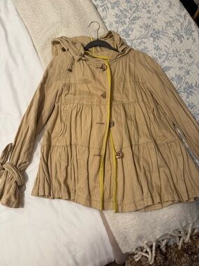 Anthropologie Khaki Tiered linen short  Hooded Trench Coat with Yellow Trim